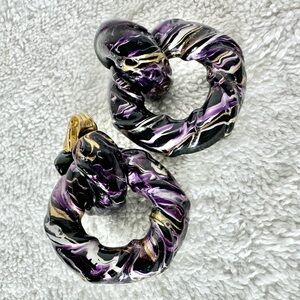 Vintage Handmade Black and Purple Swirl Resin Hoop Clip On Earrings